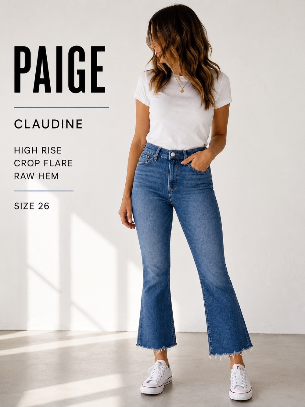 PAIGE Claudine High Rise Crop Flare Raw Hem Jeans Medium Wash Size 26